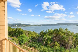 A balcony with a view of a lake, surrounded by dense greenery. - Yakov's Retreat - Pool Access (Hollister)