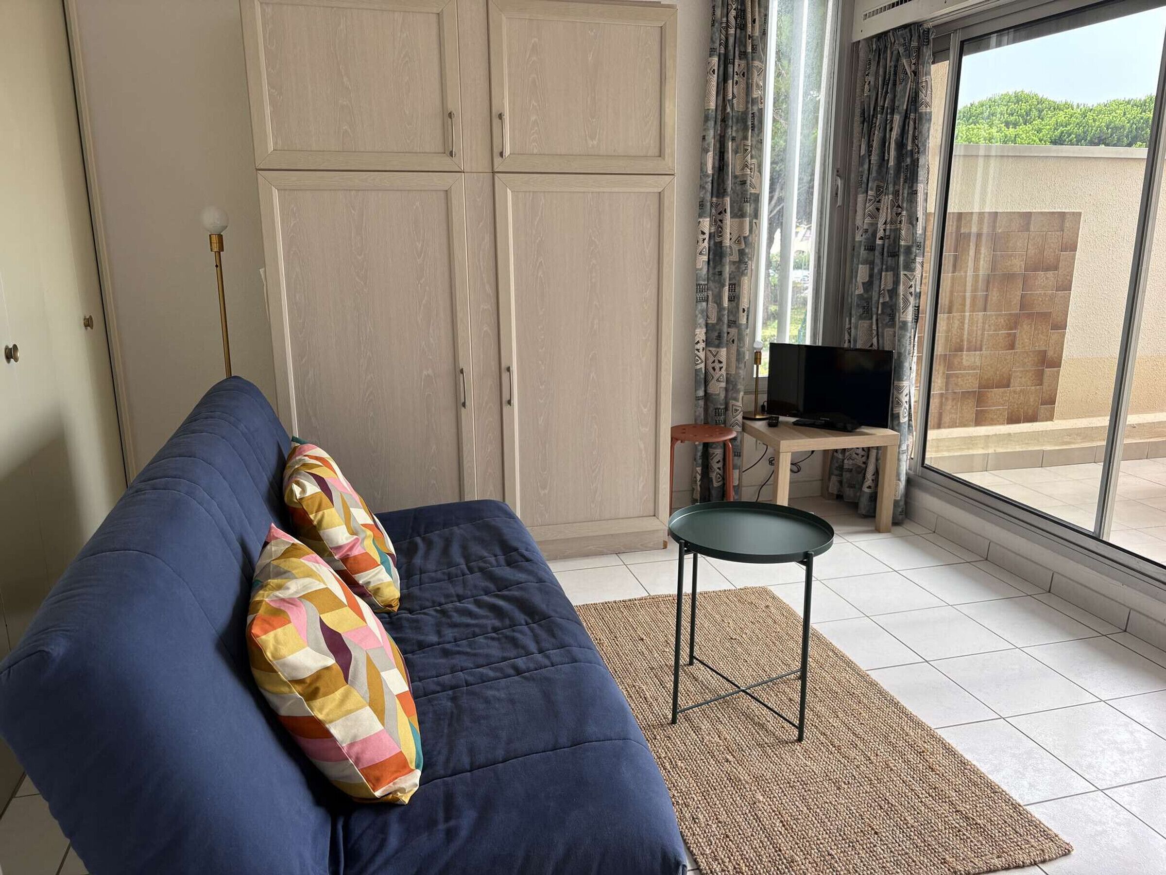 A living room with a sofa, a television on a stand, a patterned rug, and a view through a window.