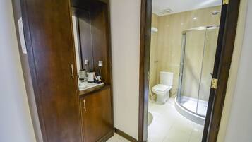 Shower, towels, soap, shampoo