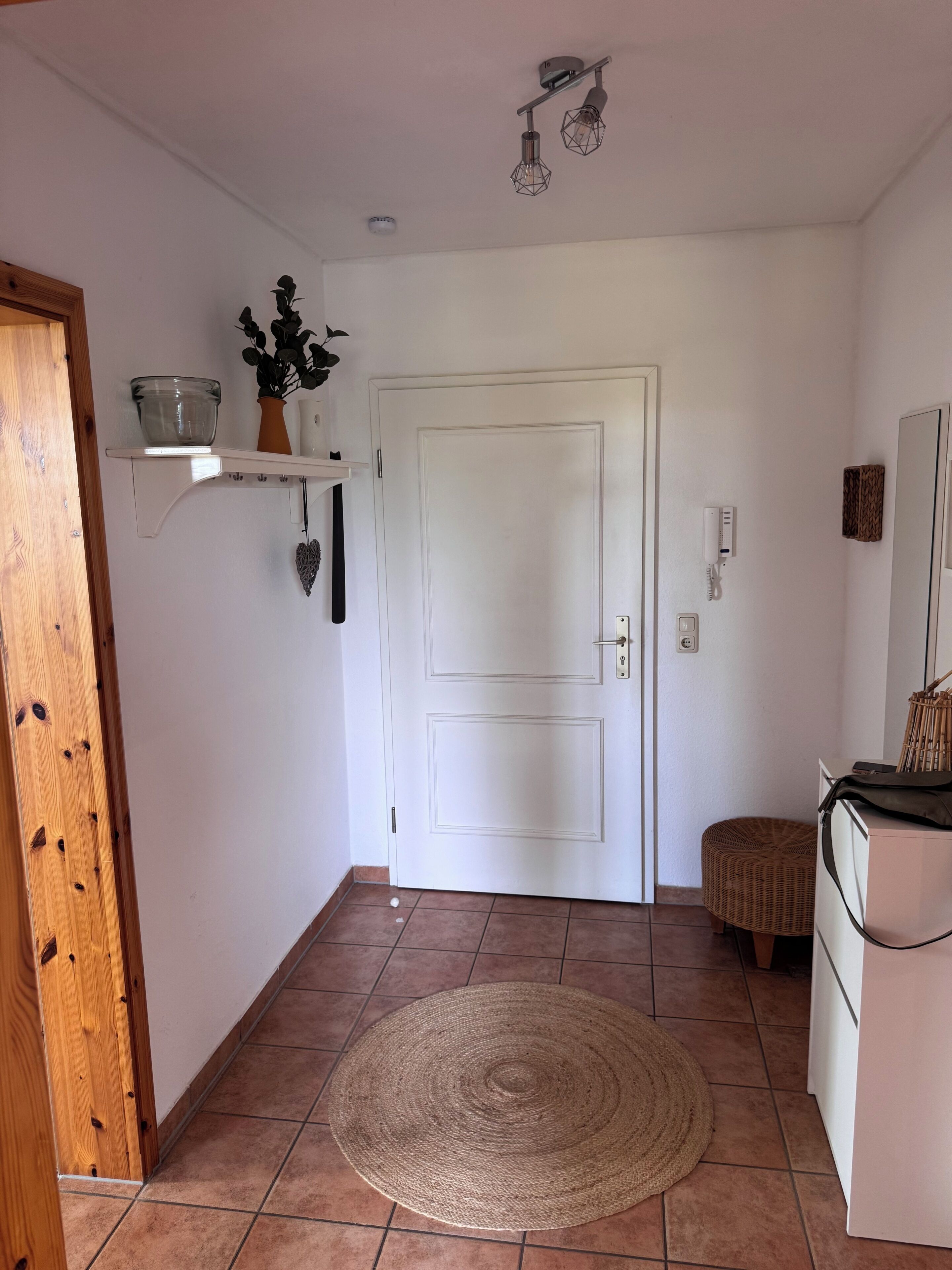 Ein Zimmer mit einer weißen Tür, einem Regal mit einer Schüssel und einer Pflanze, einem Korbstuhl und einem weißen Gerät.
