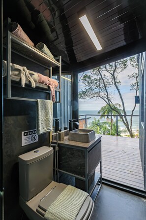 Secador de cabelo, toalhas de banho, papel higiênico