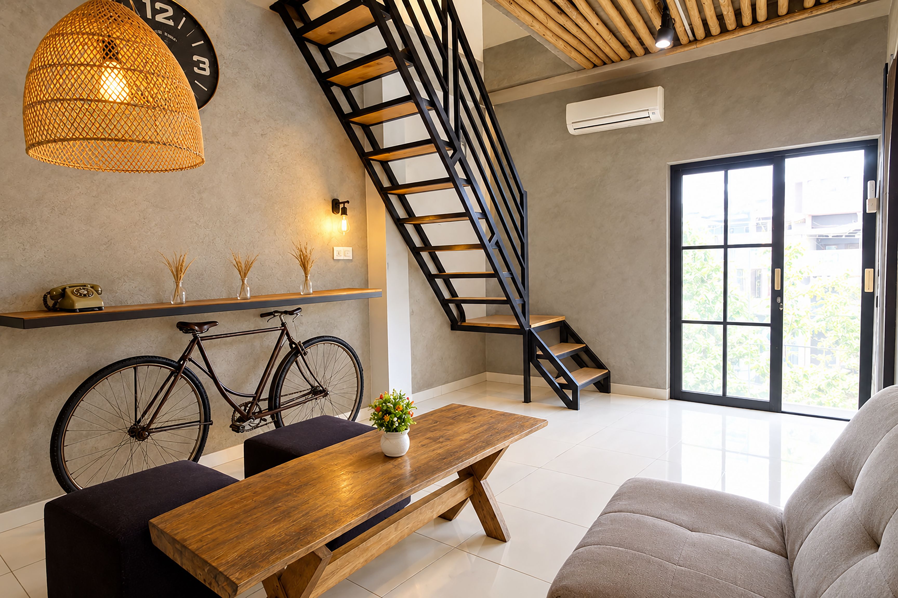 Un interior moderno con una escalera, una bicicleta, una mesa de madera y un sofá.