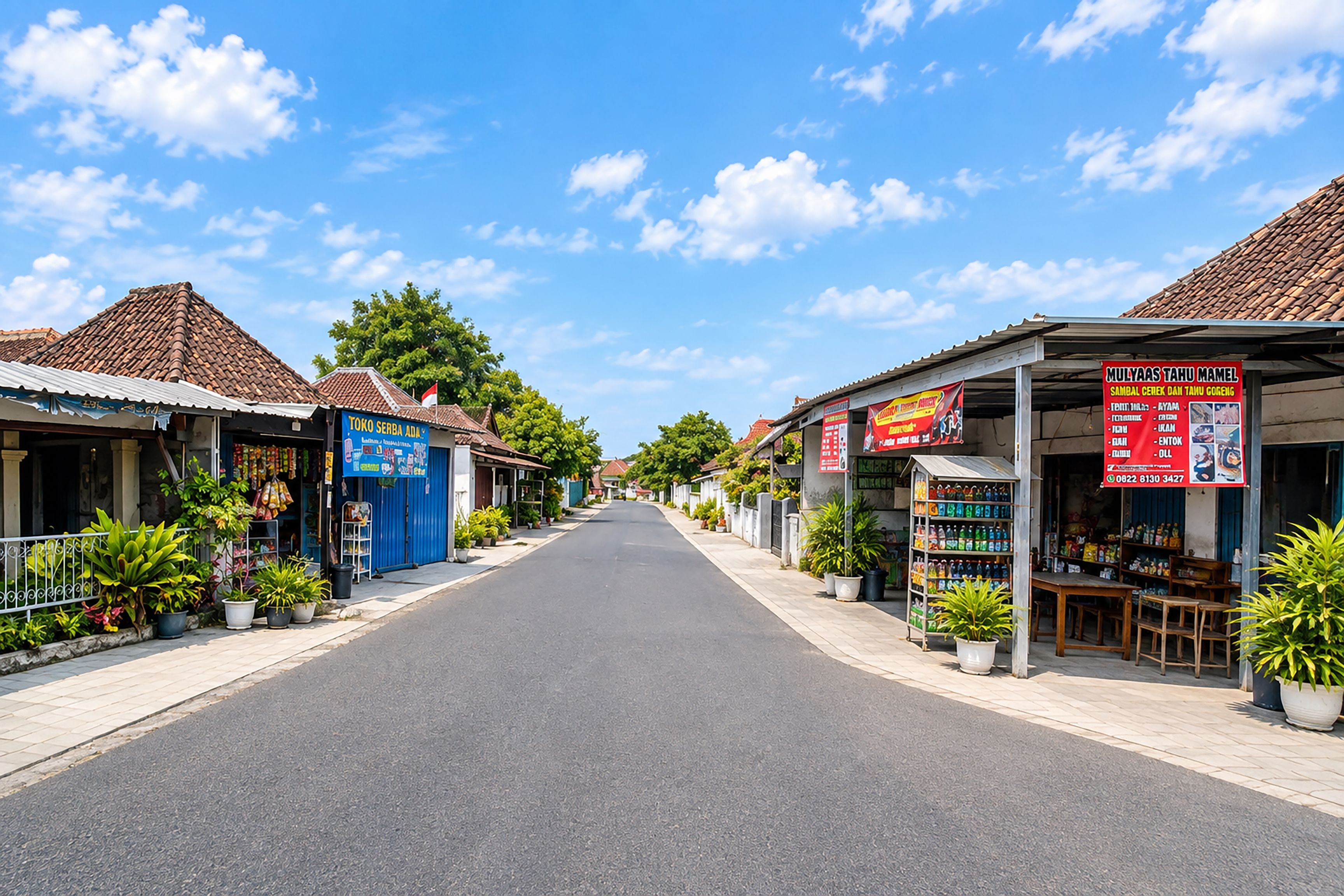 A street lined with shops and buildings, a clear sky, and potted plants along the sidewalk.