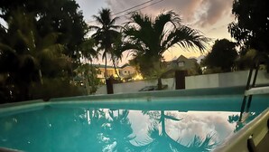 Una piscina con vistas a palmeras y casas al fondo.