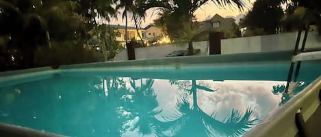 A swimming pool with a view of palm trees and houses in the background.