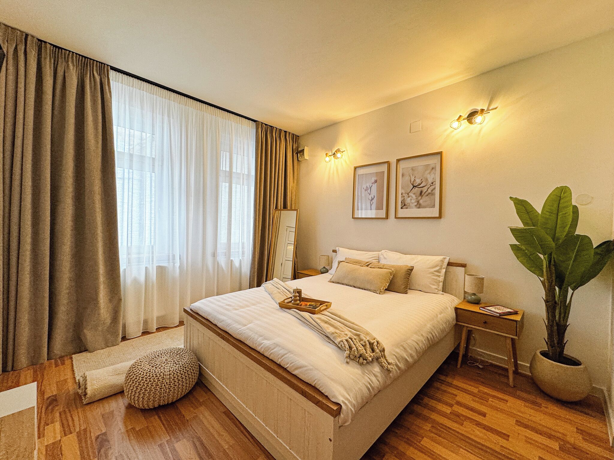 A well-lit bedroom with a large bed, a bedside table, a nightstand, a potted plant, and a window with curtains.
