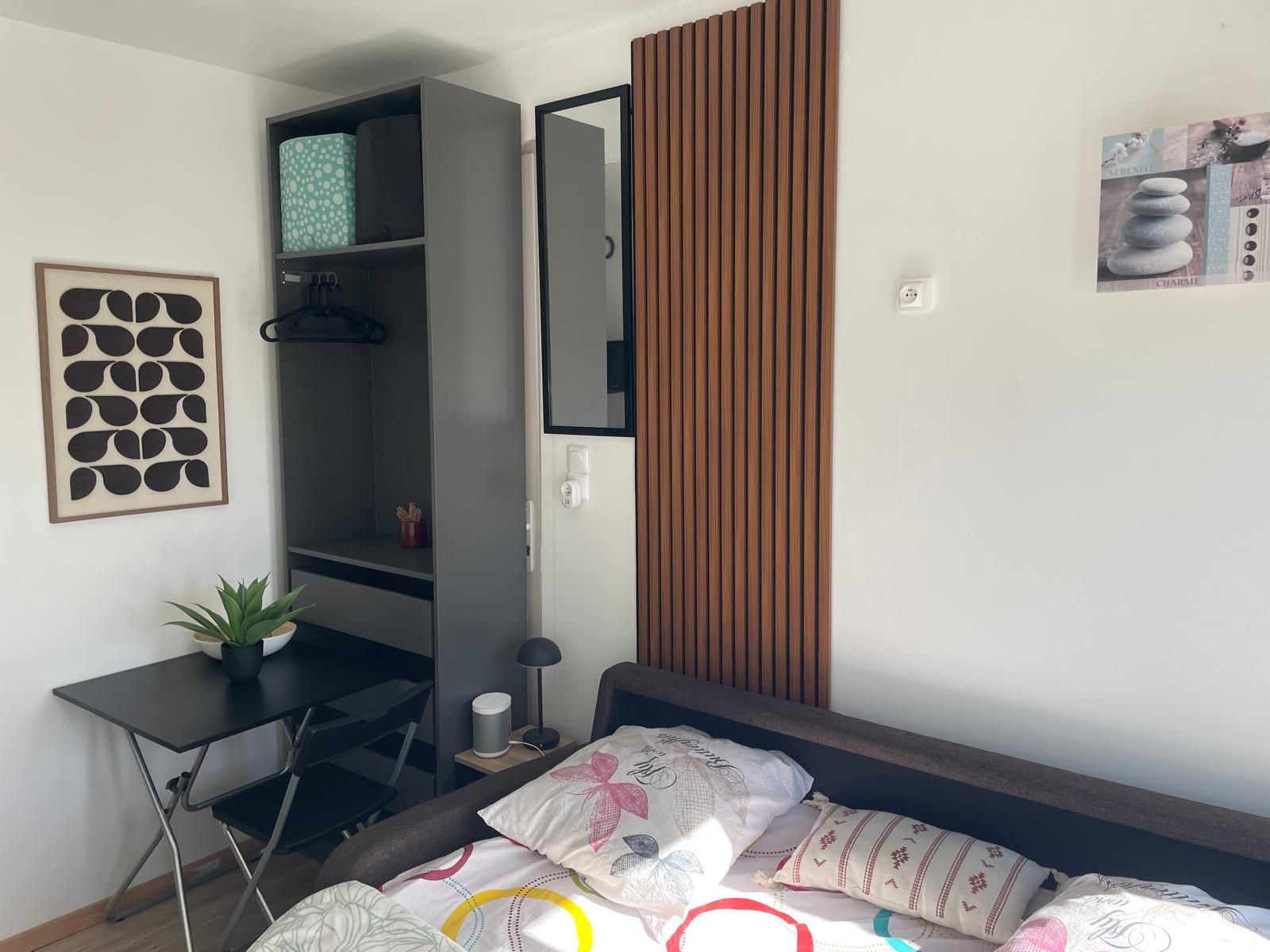 Une chambre à coucher avec un lit, un bureau, une armoire et une plante en pot.