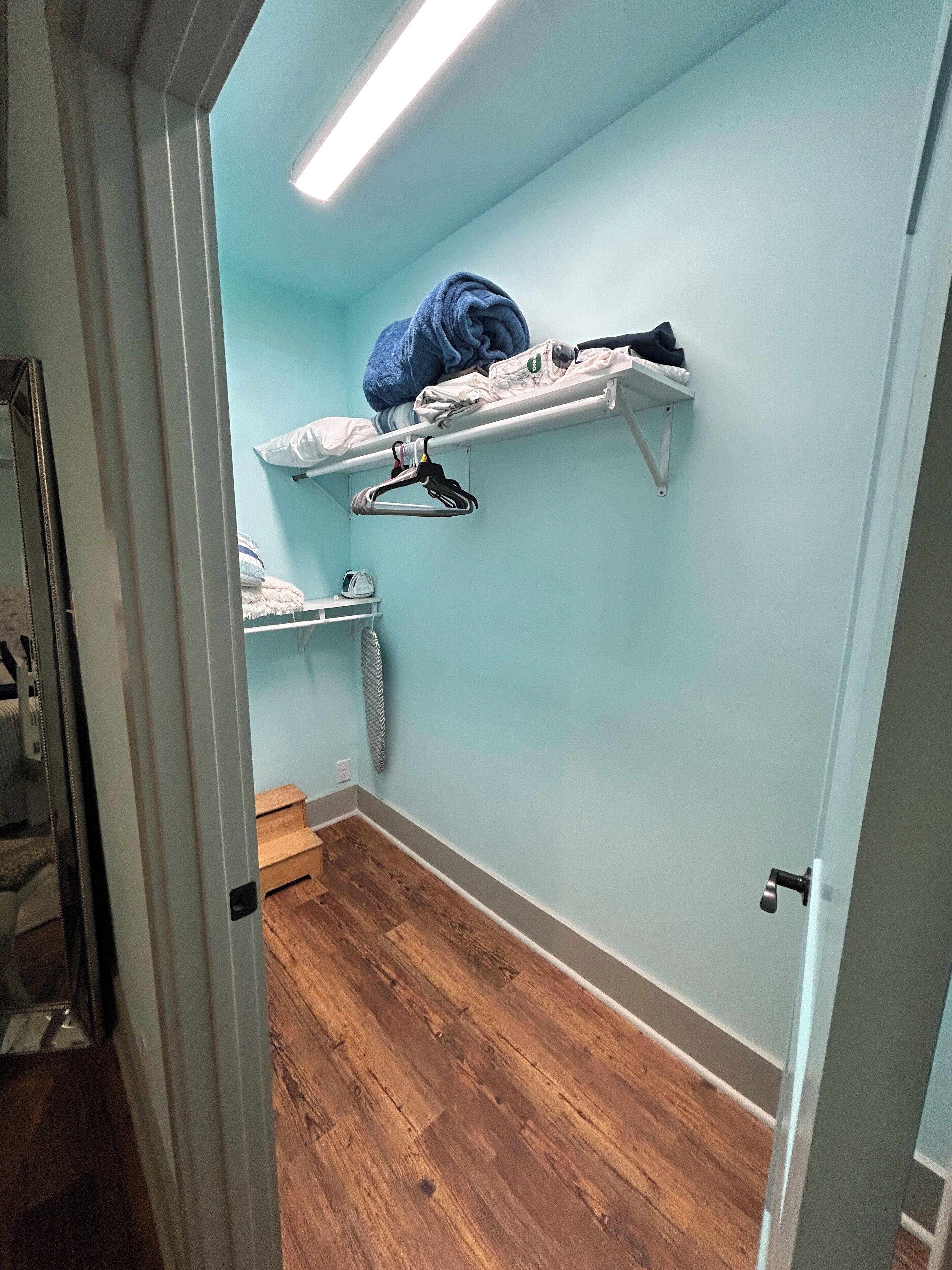 Une pièce avec un plancher en bois, un mur bleu clair et un luminaire au plafond. On y trouve des étagères remplies de vêtements et un portant.
