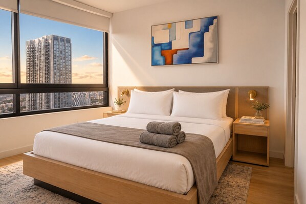 A modern hotel room with a large bed, a city view, a painting on the wall, and a nightstand with a lamp.