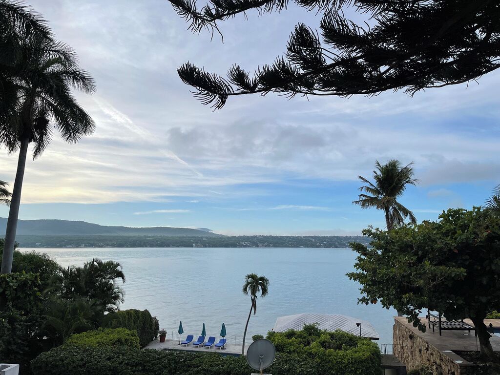 A view of a body of water with a lounge area and palm trees.