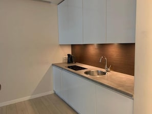 A compact kitchen with a sink, a kettle, and a stove. - Central Warsaw Home With Pool (Warsaw)