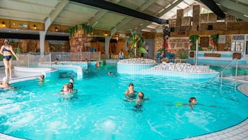 An indoor swimming pool with multiple lanes, a netted area for children, and a tropical-themed mural on the wall.