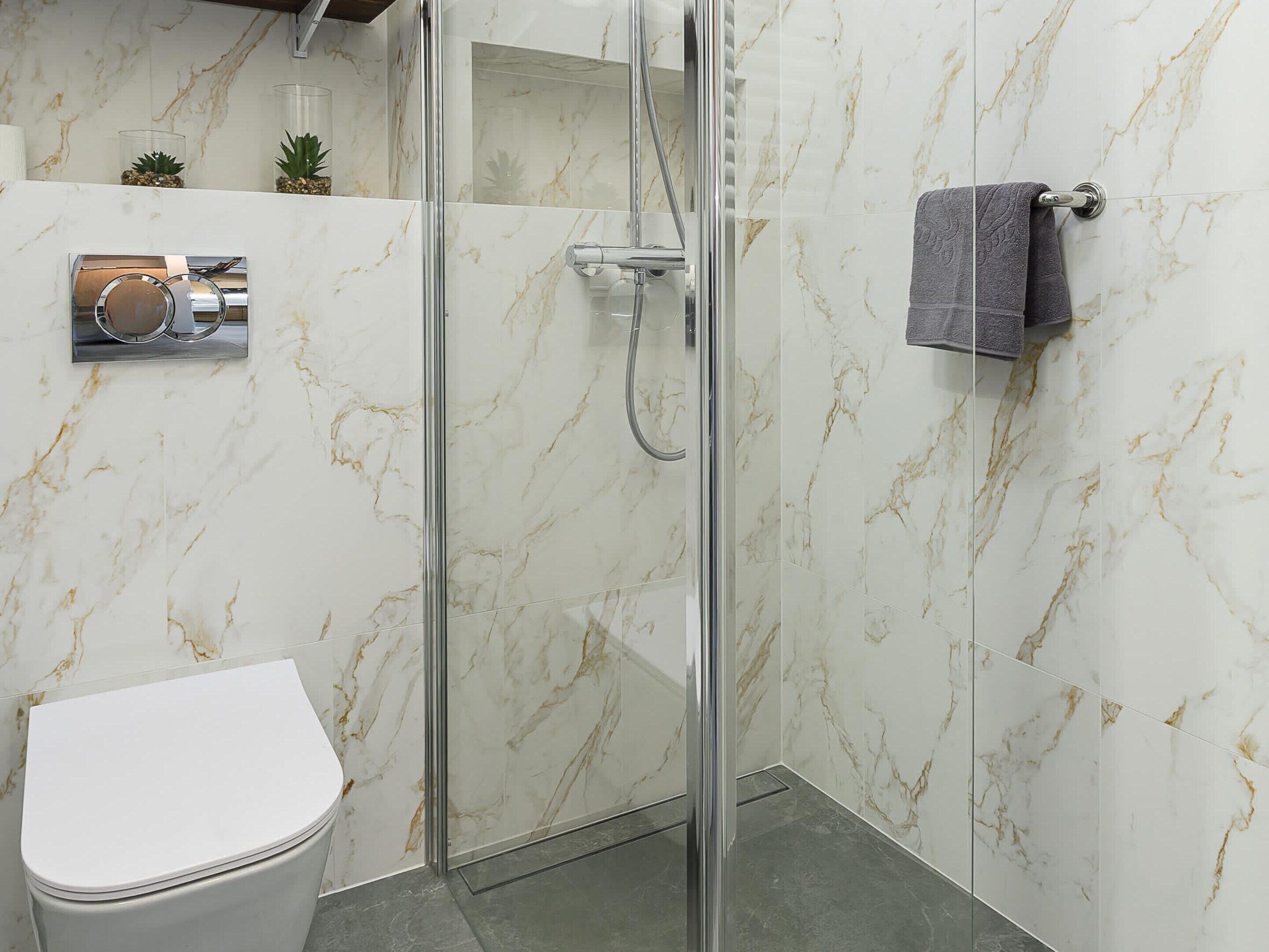 Un baño con ducha de mampara de vidrio, inodoro y toallero.