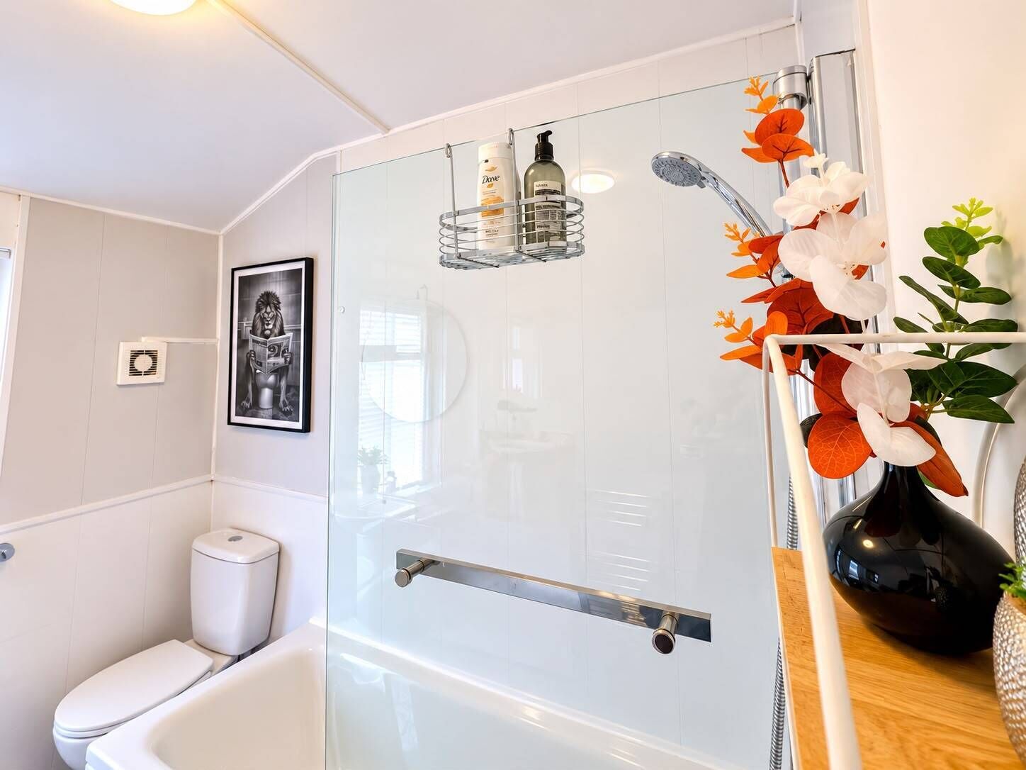 Hair dryer, towels, soap, toilet paper