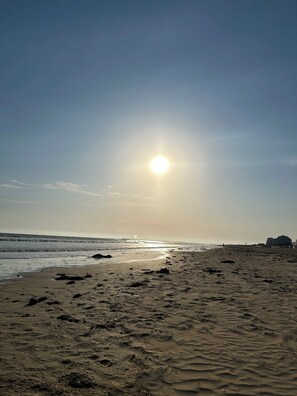 Ein Strand mit wolkenlosem Himmel und der tief stehenden Sonne am Horizont.