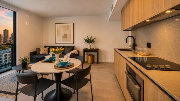 A modern kitchen with a black countertop, built-in oven, and a dining area with a round table and chairs. - Downtown Miami 1BR with City Views (Miami)