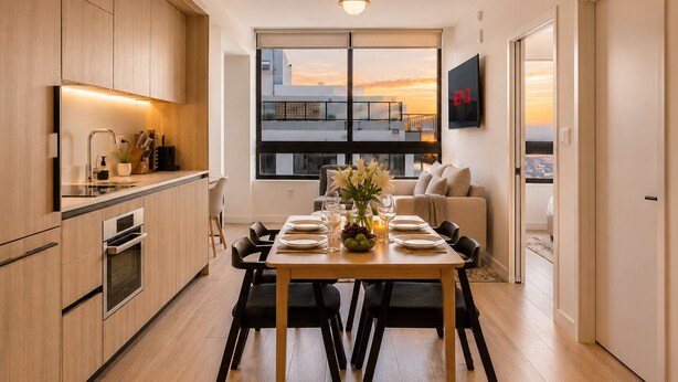 Et moderne køkken med indbyggede apparater, et spiseområde med et bord dækket til to, og et stort vindue med udsigt over byen.