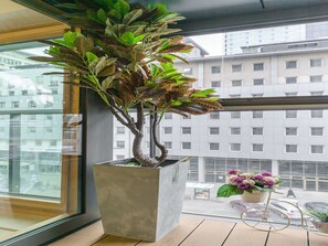 Ein Blumentopf mit einem einzelnen Stamm und mehreren Ästen, platziert auf einem Balkon mit Blick auf eine Stadtkulisse durch ein Fenster.