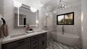 Shower, towels, soap, toilet paper - Charming 5-bedroom house with AC in Tower Isle (Tower Isle)