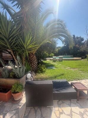 Un'area salotto esterna con piscina, circondata da lussureggiante vegetazione e palme.