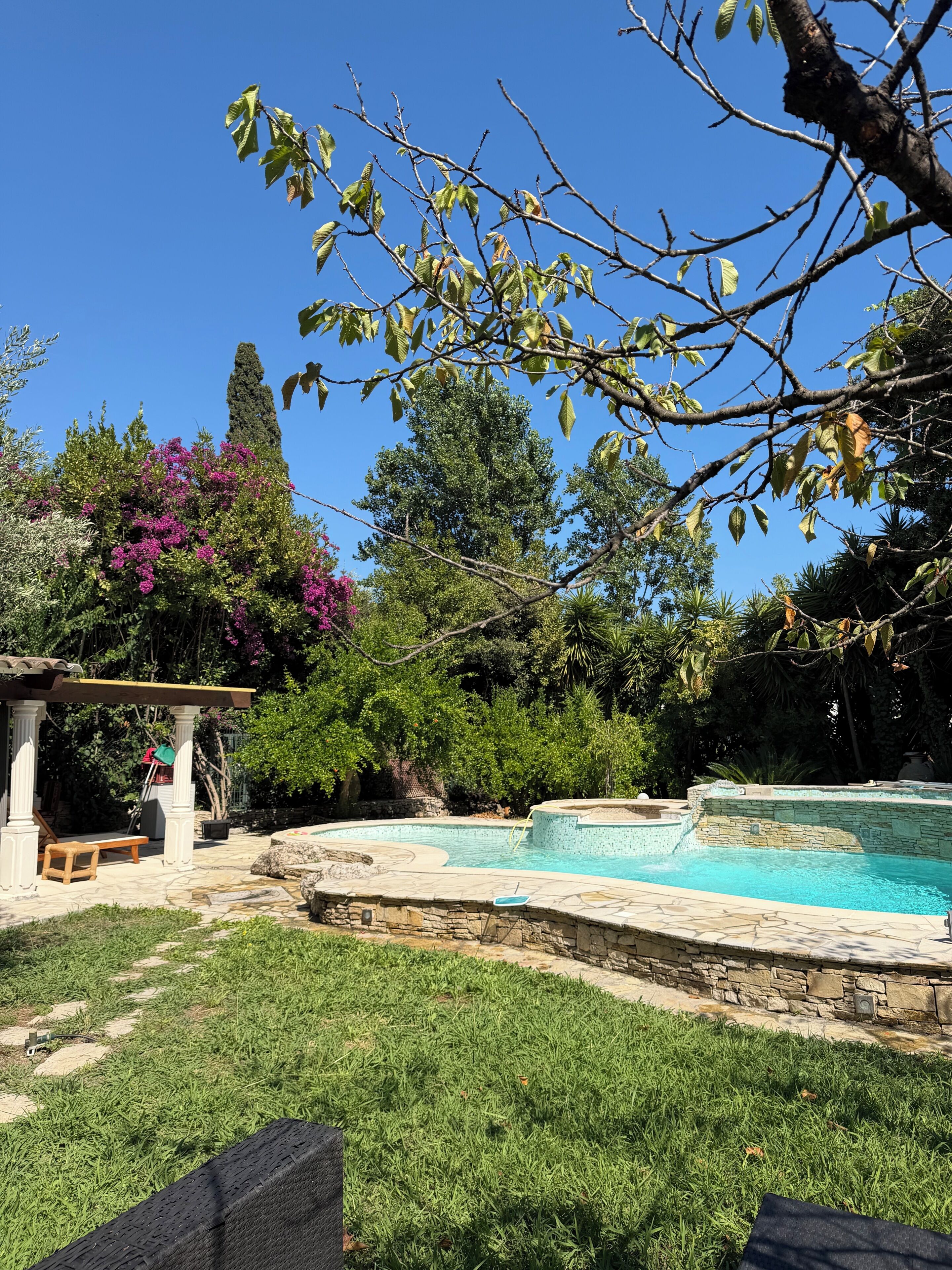Un jardin avec une piscine, une pergola et une terrasse en pierre.