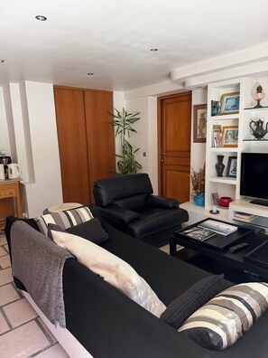 A living room with a black leather sofa, a coffee table, a bookshelf, and a potted plant. - Appartment disponible au rez de jardin d une villa privée, piscine/ barbecue (Vallauris)