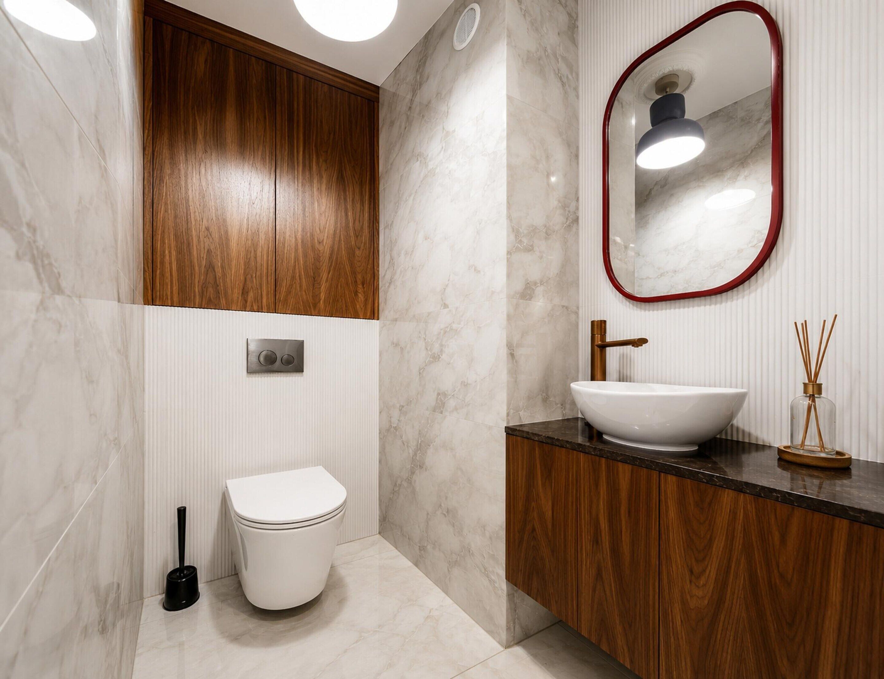 Ein modernes Badezimmer mit Toilette in Weiß, Waschtisch aus Holz und Marmorwand.