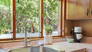 A kitchen with a stainless steel sink, a Nespresso coffee machine, and a window with a view of trees.