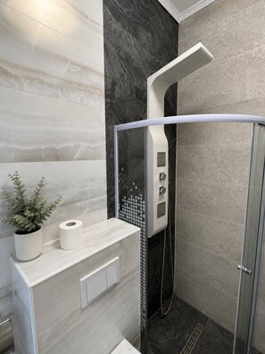 Ein modernes Badezimmer mit Duschkabine, Toilettenpapierhalter und einer Topfpflanze.