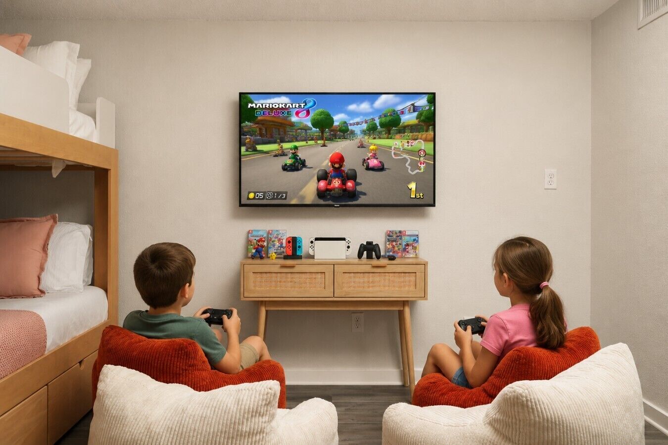 Une pièce avec un lit, un téléviseur sur lequel passe un jeu de Mario Kart, et deux enfants qui jouent.