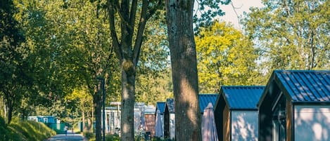A row of small, single-story cabins with a gravel path leading through a wooded area.
