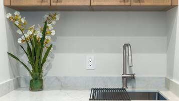 A kitchen with wooden cabinets, a stainless steel sink, and a potted orchid plant.