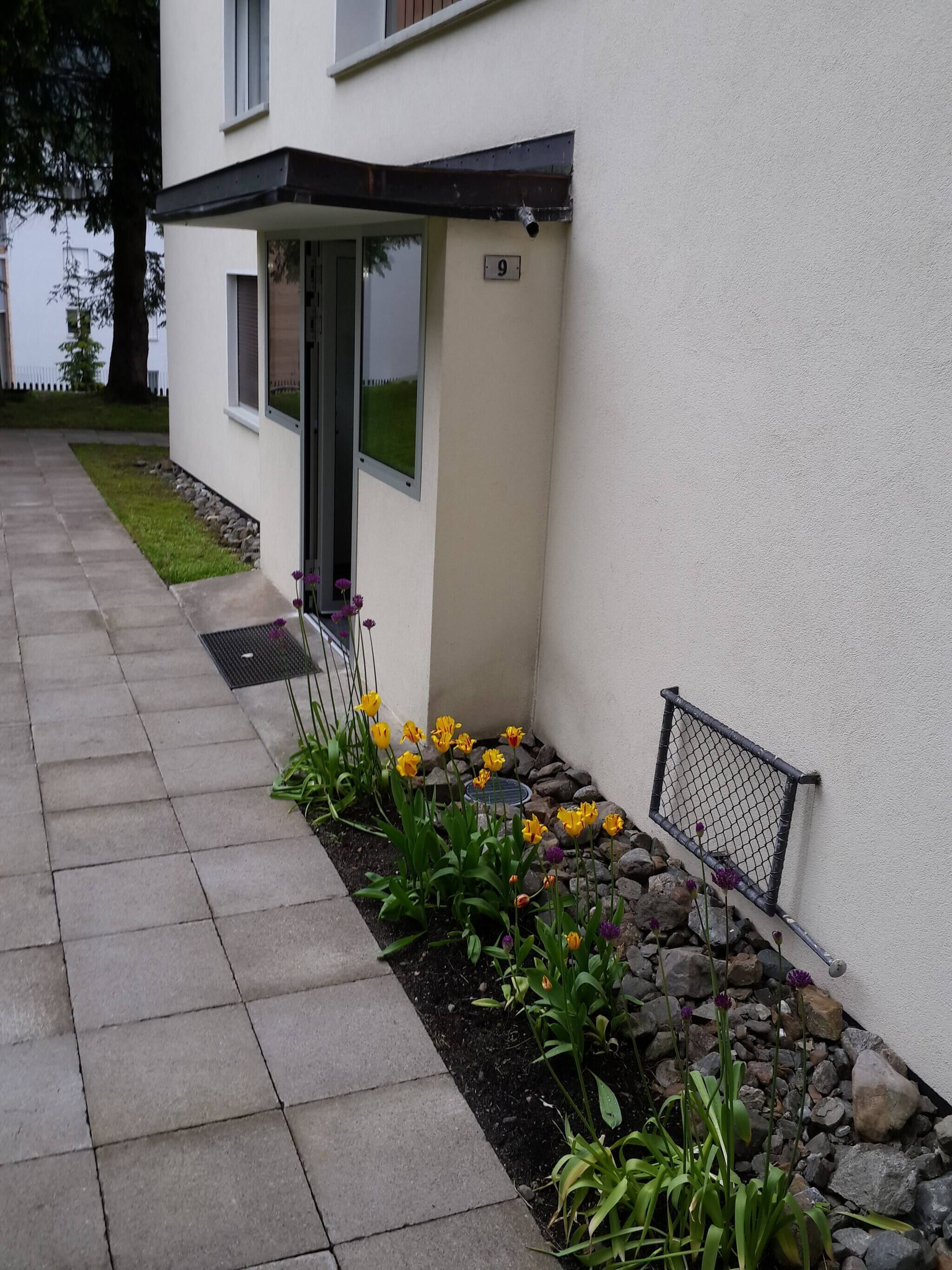 Un edificio residencial con un sendero pavimentado, un parterre con flores amarillas y púrpuras, y un cartel con el número 9 en la pared.