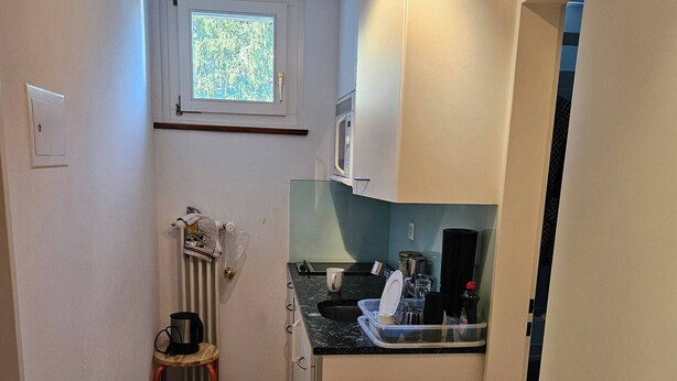 A compact kitchen with a window, a radiator, a coffee maker, and a sink. - Parkareal Davos Apartment (Davos)