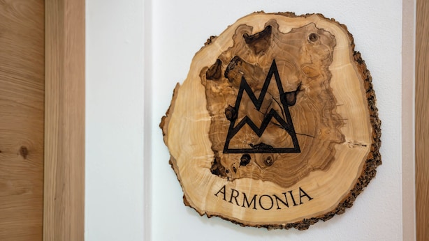 A wooden plaque with a mountain design and the word 'ARMONIA' on a white wall.