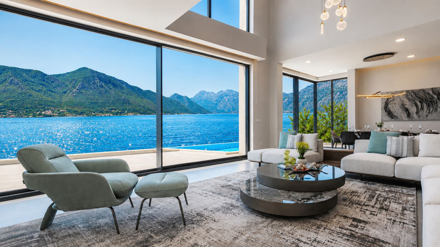 A modern living room with a large window overlooking a mountainous coastline.