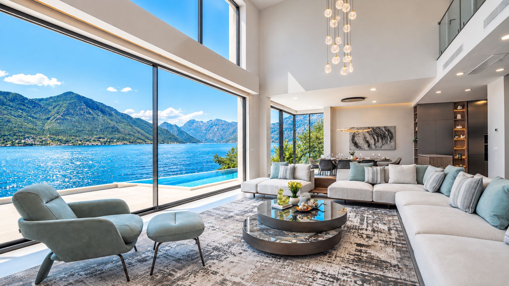 Una sala de estar moderna con un ventanal grande que da a un paisaje montañoso y una masa de agua.
