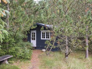 Eine kleine Holzhütte mit Tür und Fenstern, umgeben von dichter Vegetation und einem Kiesweg.