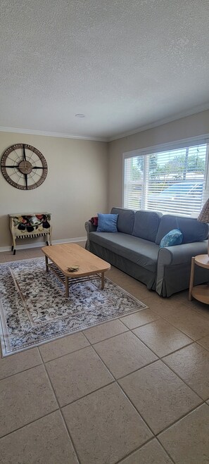 Un salon avec un canapé, une table basse, un tapis à motifs et une horloge murale.