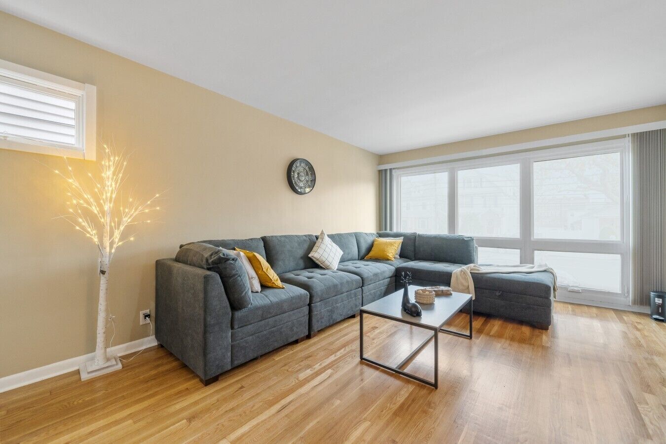 Ein modernes Wohnzimmer mit einem Ecksofa, einem Couchtisch und einer Zimmerpflanze.