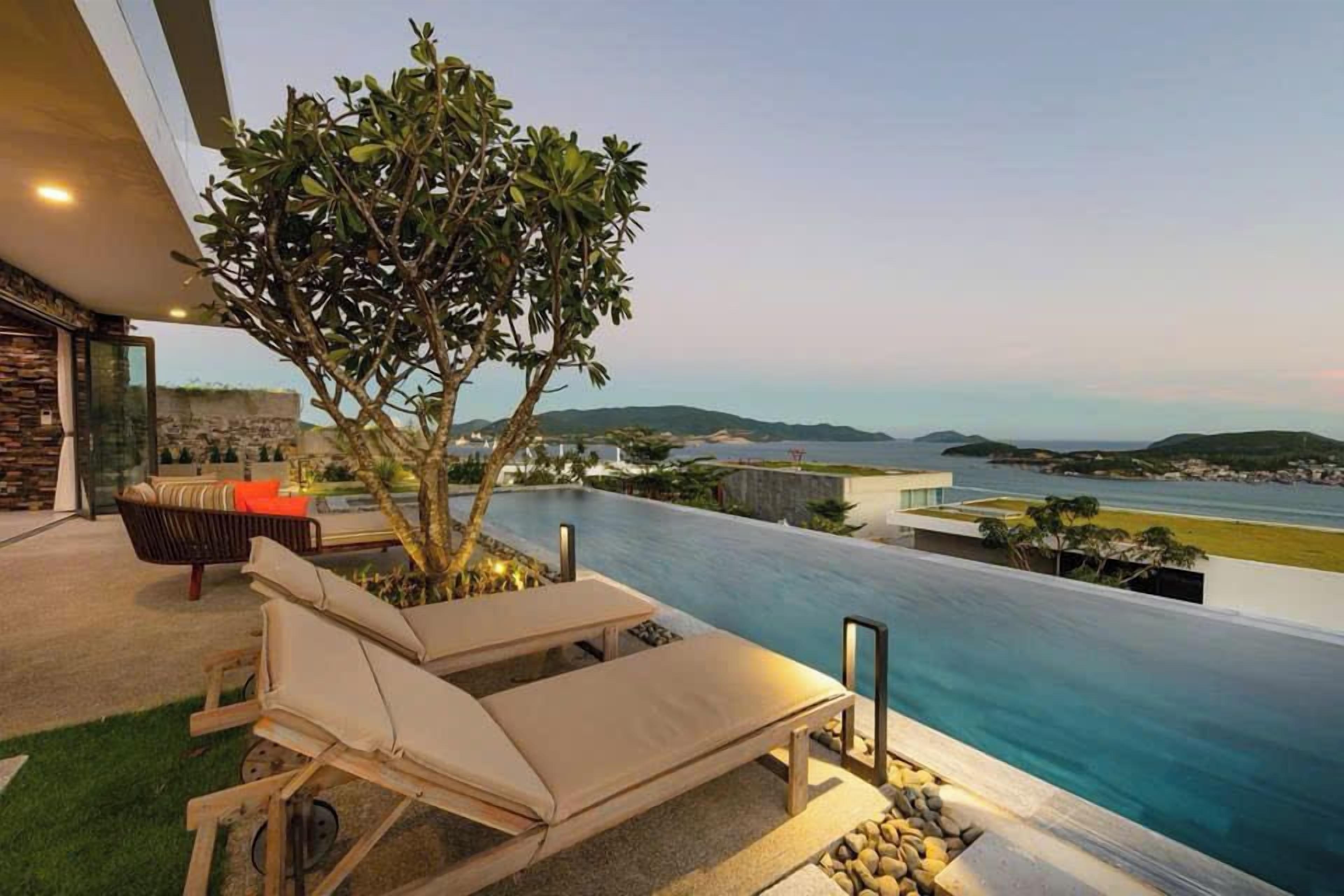 A rooftop infinity pool with lounge chairs, a tree, and a view of the coastline.