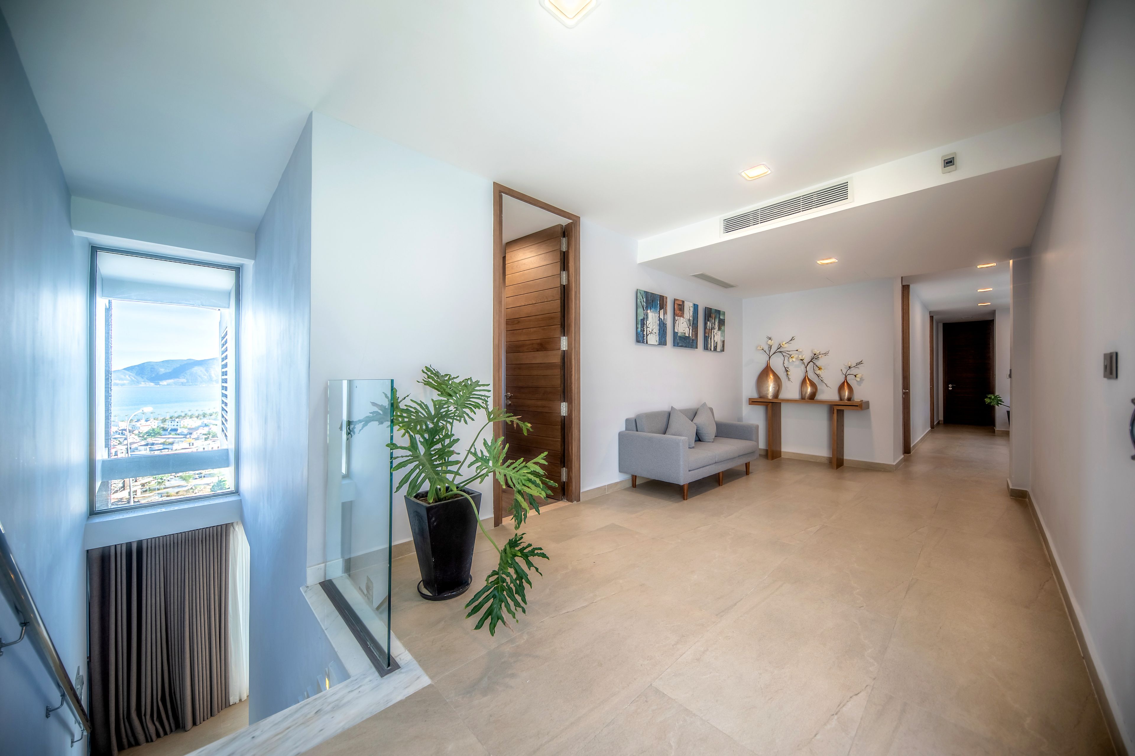 A spacious living area with a view through a window, a potted plant, a grey sofa, and a hallway leading to another room.
