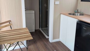 Cocina compacta con un lavamanos, lavavajillas y una puerta de vidrio que da a la zona de la ducha.