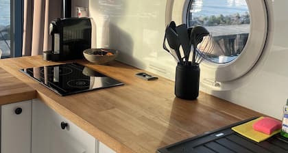 Modernes festliegendes Hausboot mit großzügiger Dachterrasse und Ruderboot