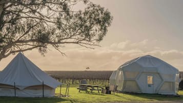Two dome-shaped tents with a picnic table and chairs in a grassy field.