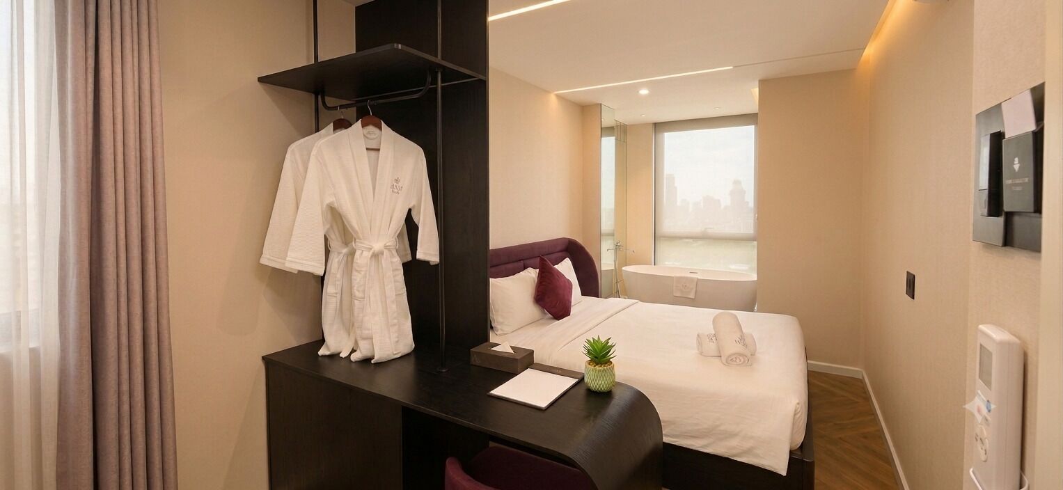 Une chambre d’hôtel avec un lit, un bureau avec une robe, une petite plante et une fenêtre donnant sur la ville.