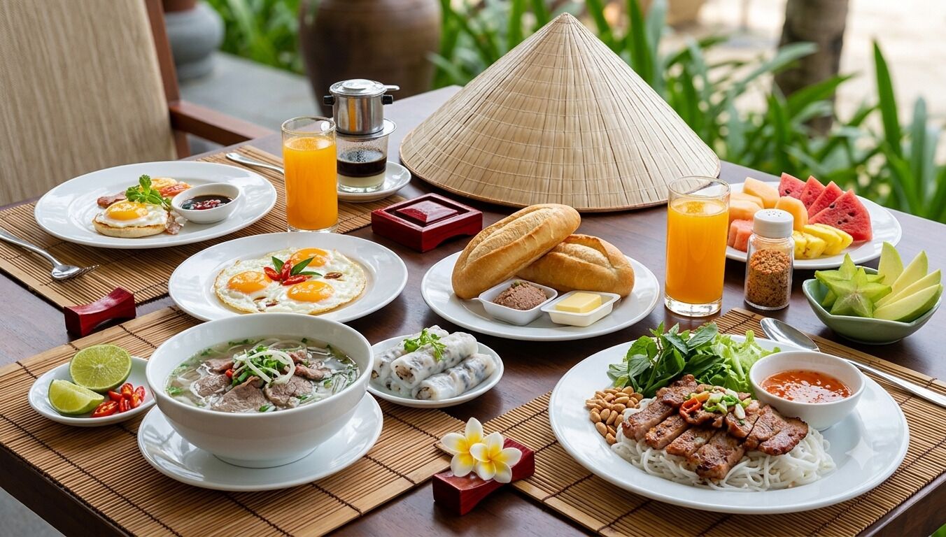 A table set with various dishes including a bowl of soup, plates of meat, vegetables, and fruit, along with condiments and a conical hat.
