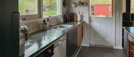 A kitchen with a built-in oven, a sink, and a window.