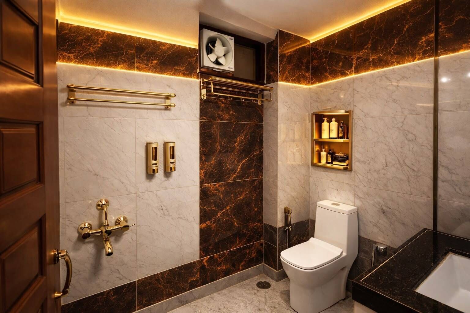 Ein modernes Badezimmer mit Marmorwand, Toilette in Weiß, Waschbecken und einer Duschkabine.
