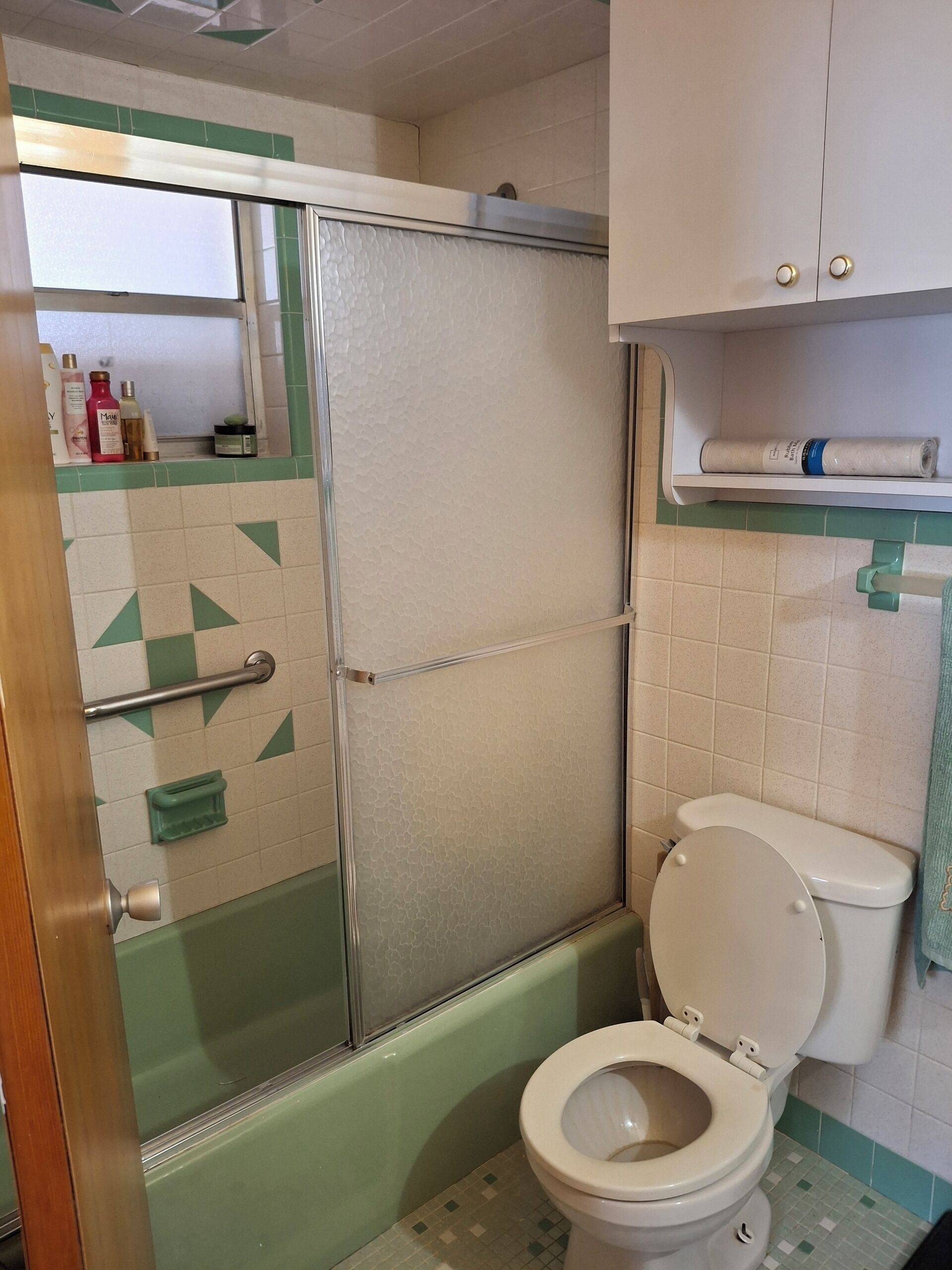 Ein Badezimmer mit Duschkabine, Toilette und Ablage für Kosmetikartikel.